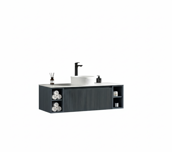 Flauto 1200mm Wall Hung Vanity w. 2 Side Storage & Sintered Stone Counter Top - Midnight Shadow