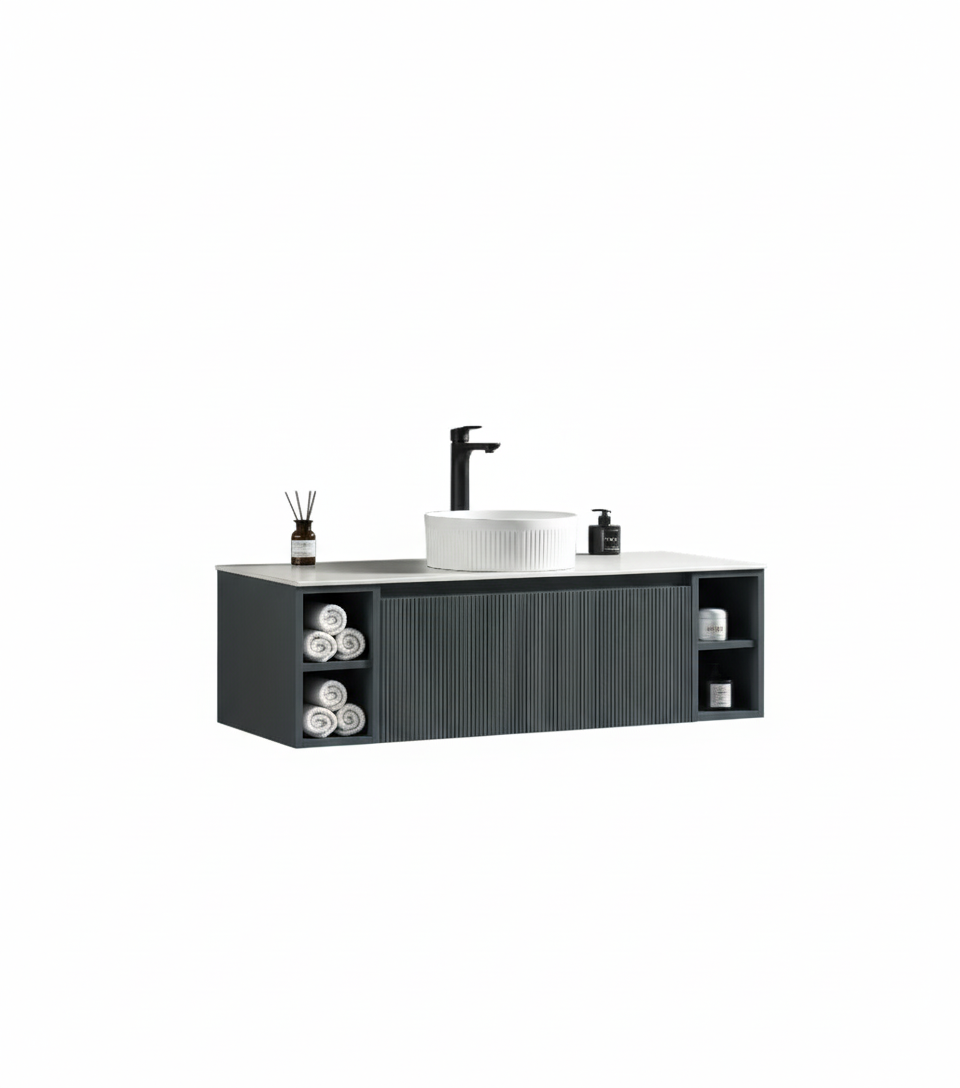 Flauto 1200mm Wall Hung Vanity w. 2 Side Storage & Sintered Stone Counter Top - Smoked Sage