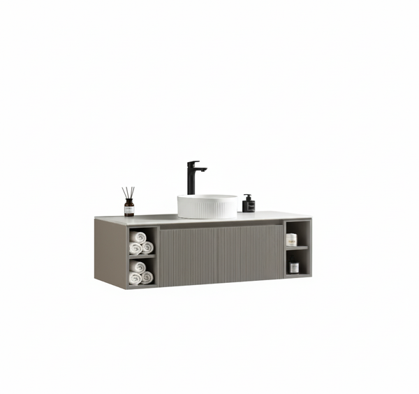Flauto 1200mm Wall Hung Vanity w. 2 Side Storage & Sintered Stone Counter Top - Soft Coffee