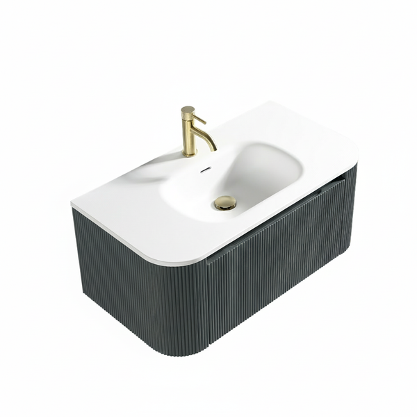 Flauto 870mm Wall Hung Curve Corner Vanity w. Matte Basin - Smoked Sage
