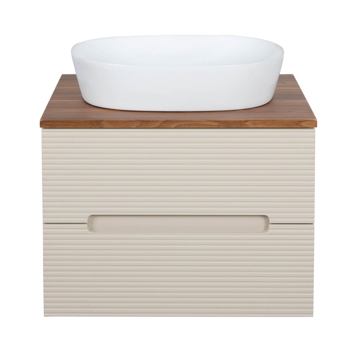 Monza Plus 600mm Fluted Wall Hung Vanity & Countertop - Warm Oatmeal/Cali Walnut