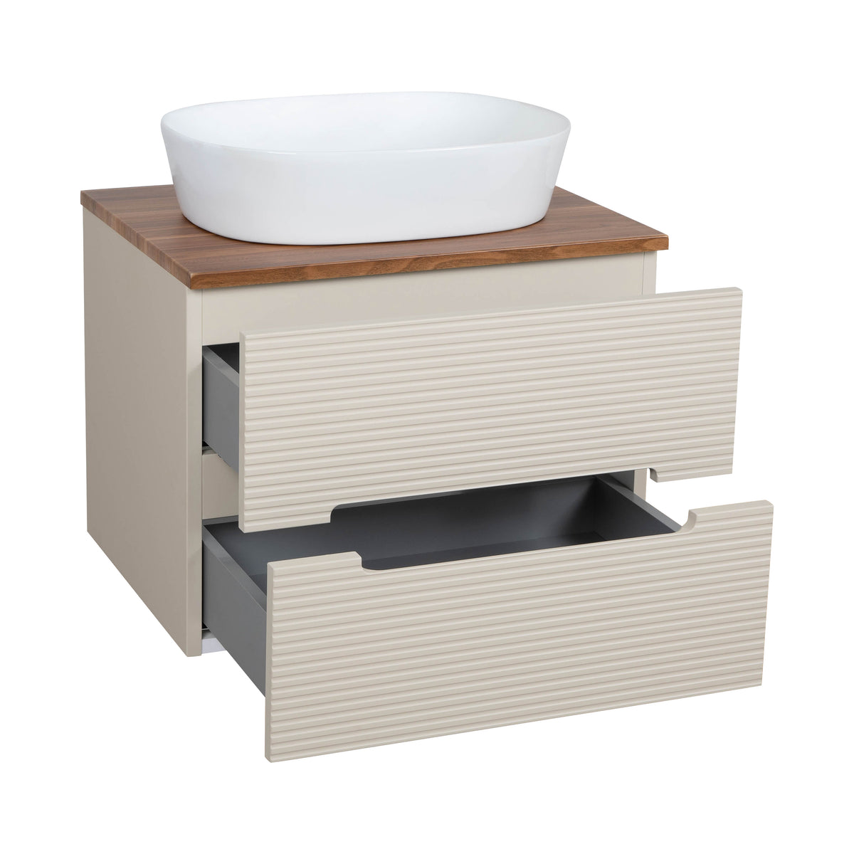 Monza Plus 600mm Fluted Wall Hung Vanity & Countertop - Warm Oatmeal/Cali Walnut