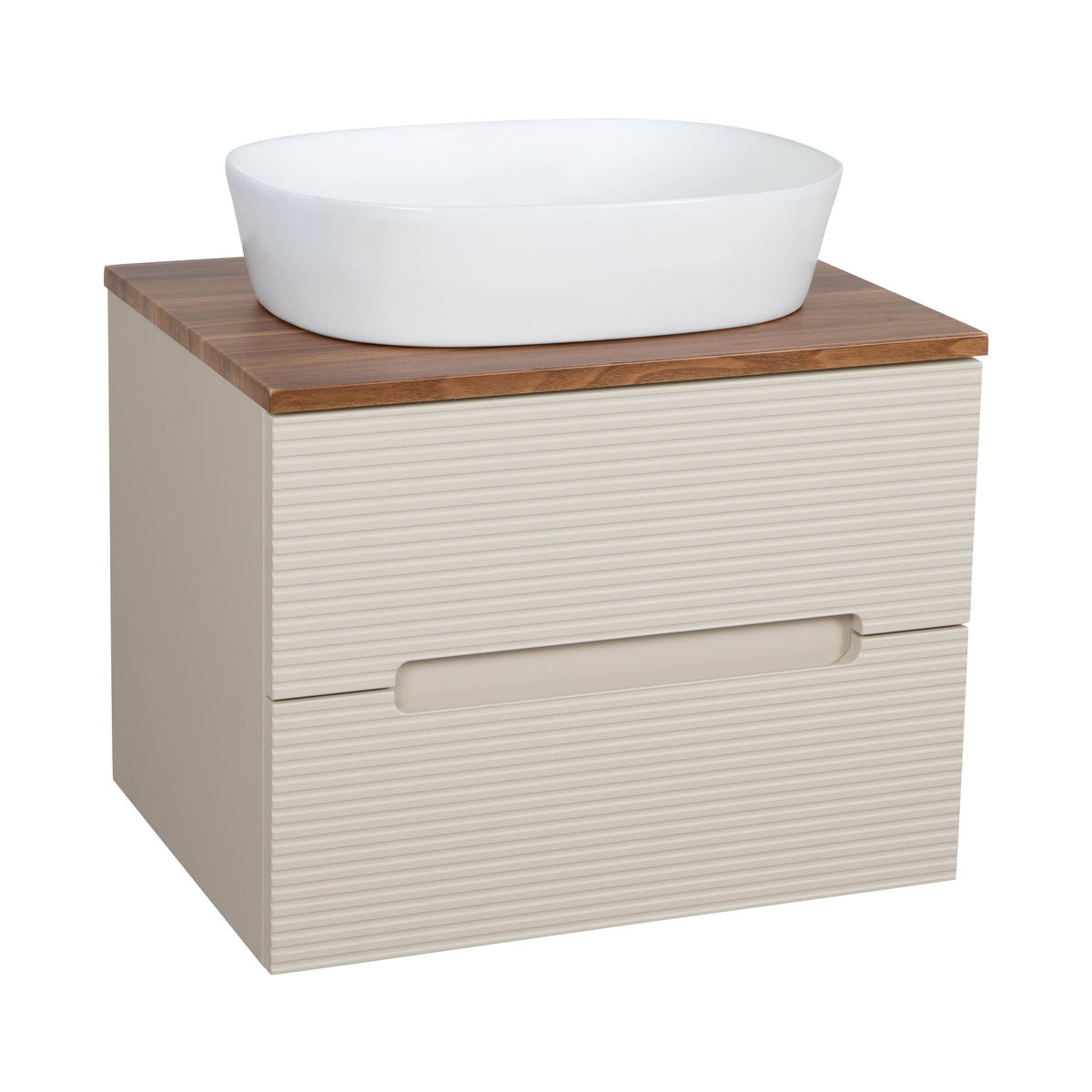 Monza Plus 600mm Fluted Wall Hung Vanity & Countertop - Warm Oatmeal/Cali Walnut