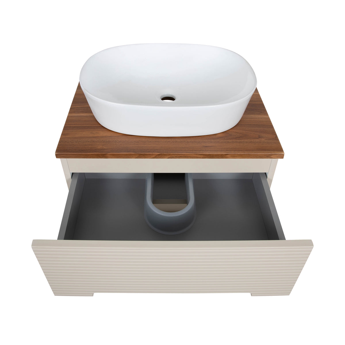 Monza Plus 600mm Fluted Wall Hung Vanity & Countertop - Warm Oatmeal/Cali Walnut
