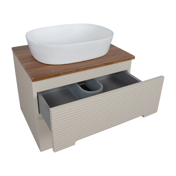 Monza Plus 600mm Fluted Wall Hung Vanity & Counter Top - Warm Oatmeal/Cali Walnut