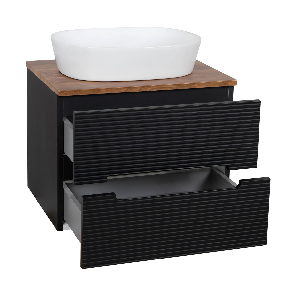 Monza Plus 600mm Fluted Wall Hung Vanity & Counter Top - Matte Black/Cali Walnut