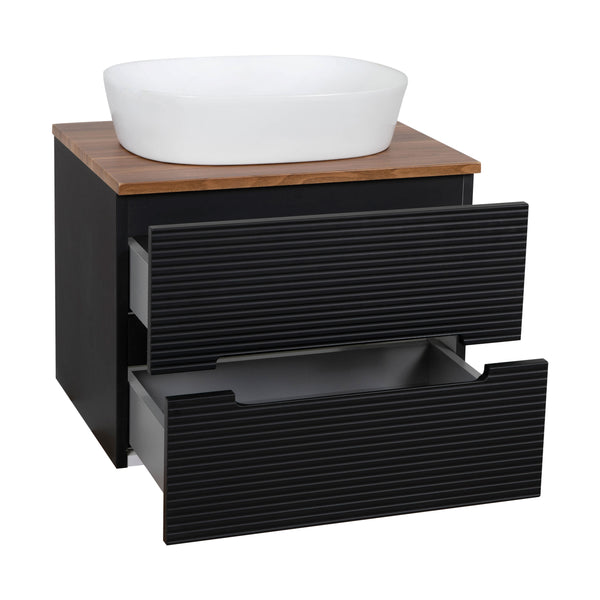 Monza Plus 600mm Fluted Wall Hung Vanity & Counter Top - Matte Black/Cali Walnut