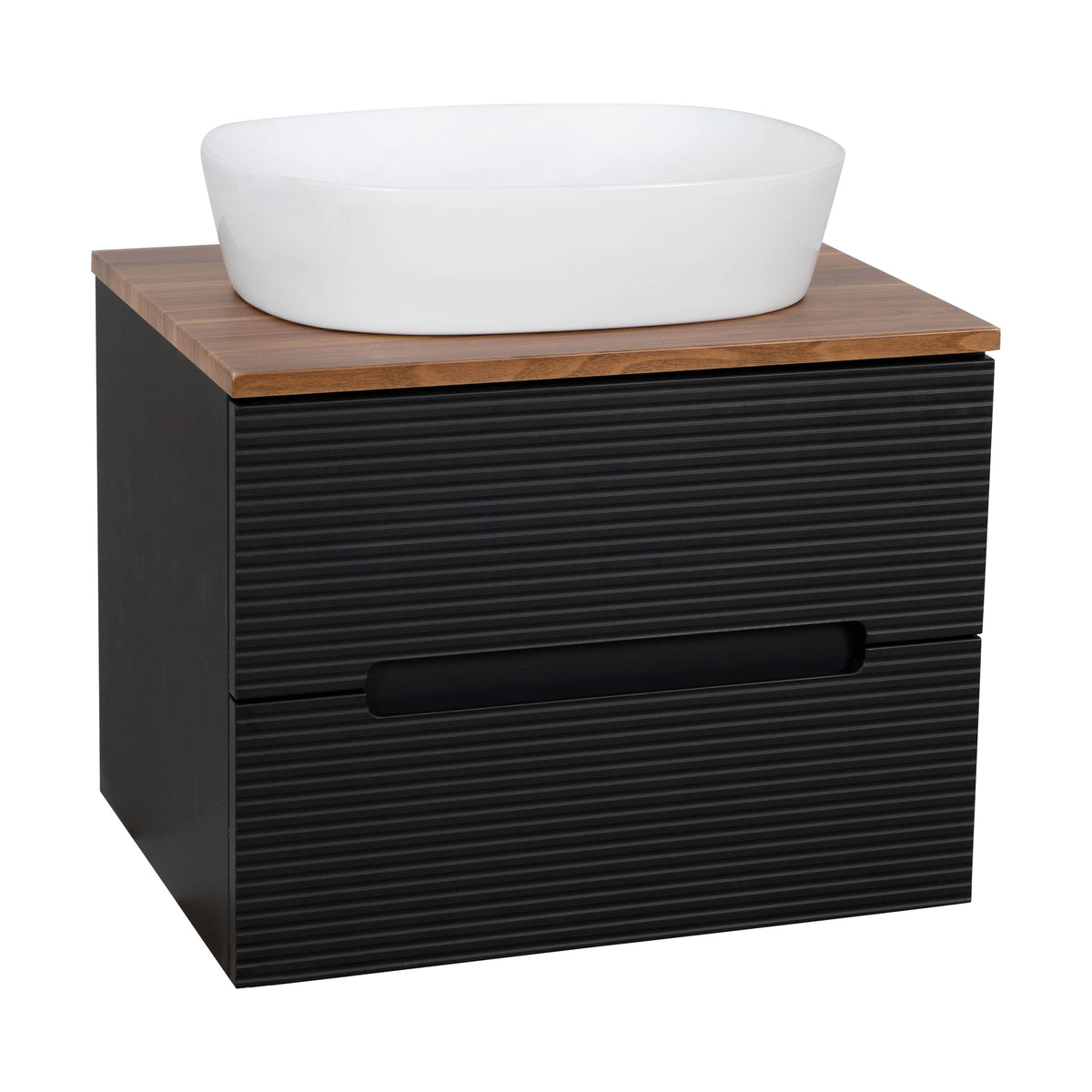 Monza Plus 600mm Fluted Wall Hung Vanity & Countertop - Matte Black/Cali Walnut
