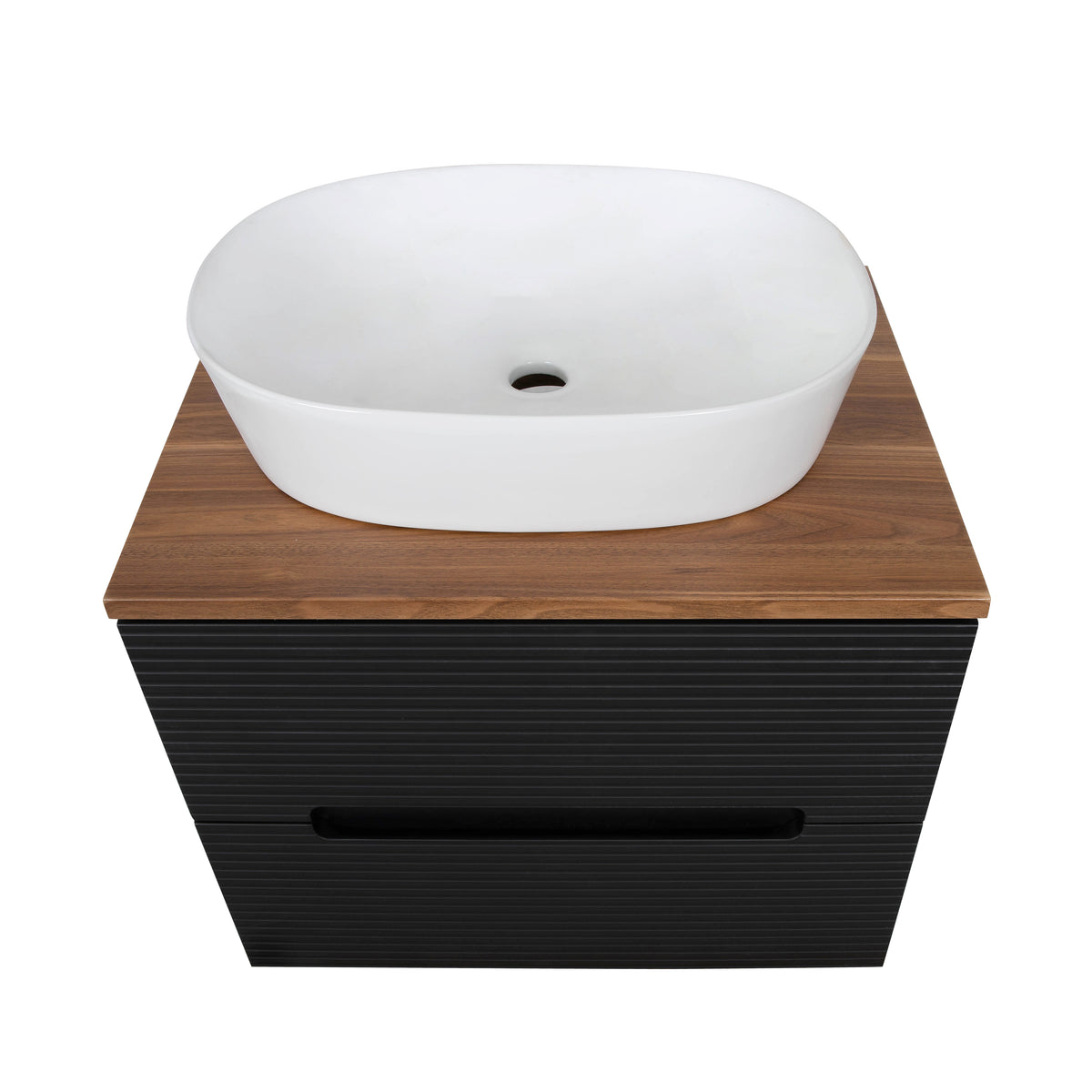 Monza Plus 600mm Fluted Wall Hung Vanity & Countertop - Matte Black/Cali Walnut