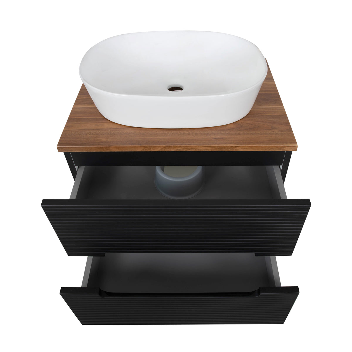 Monza Plus 600mm Fluted Wall Hung Vanity & Countertop - Matte Black/Cali Walnut