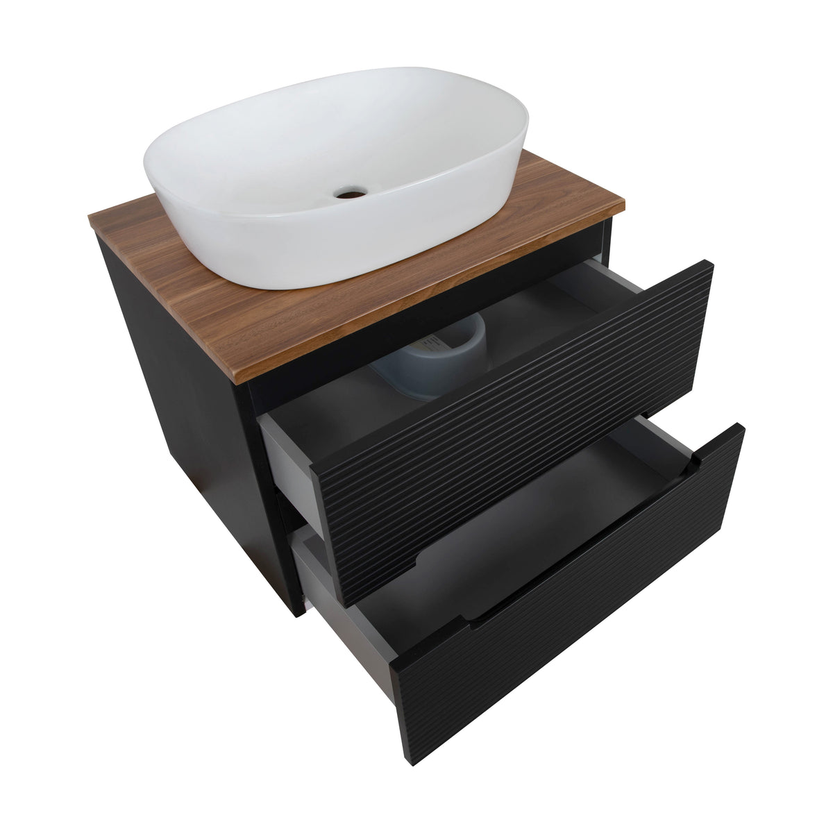 Monza Plus 600mm Fluted Wall Hung Vanity & Countertop - Matte Black/Cali Walnut