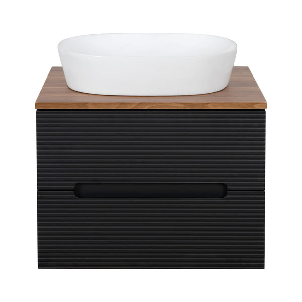 Monza Plus 600mm Fluted Wall Hung Vanity & Counter Top - Matte Black/Cali Walnut
