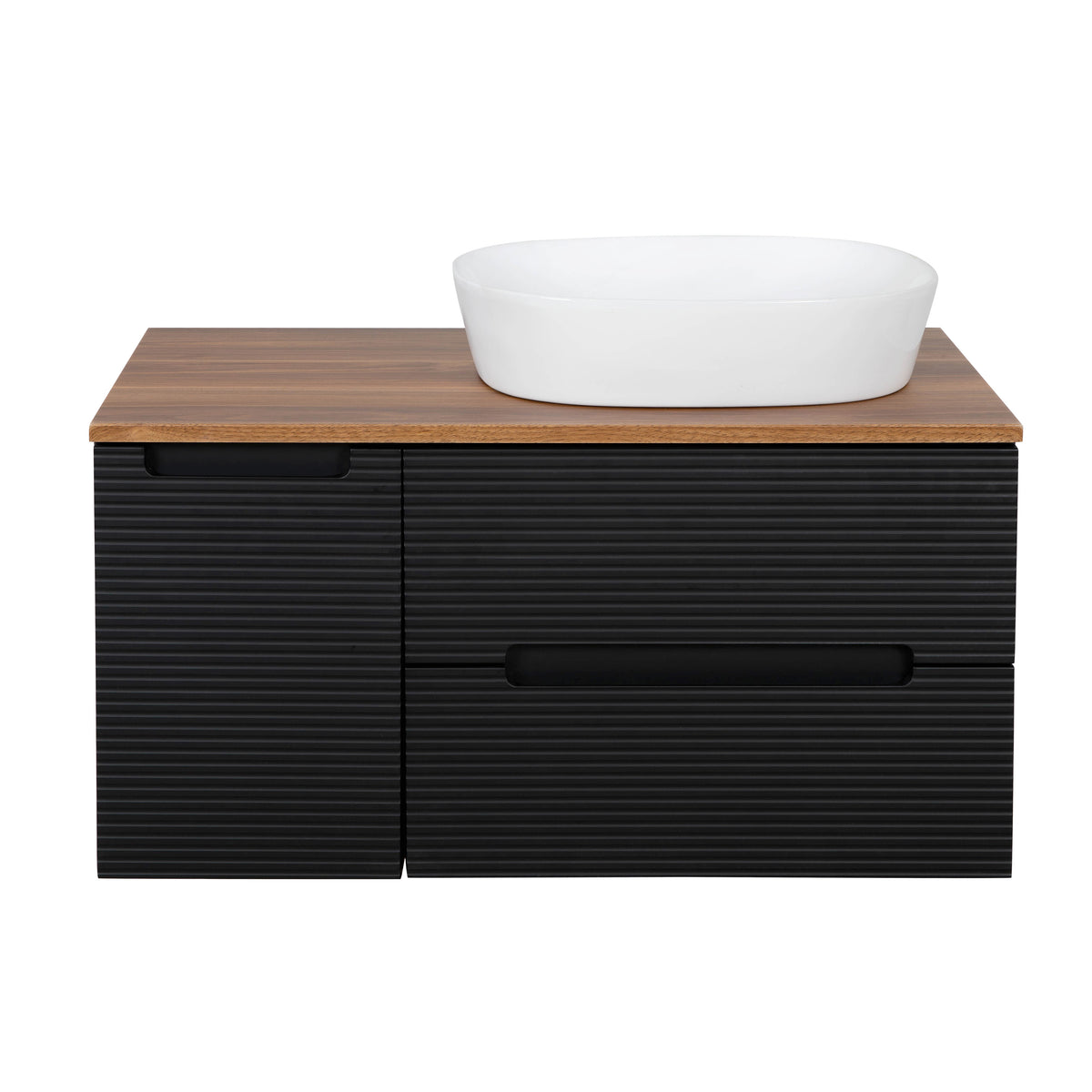 Monza Plus 900mm Fluted Wall Hung Vanity & Countertop - Matte Black/Cali Walnut