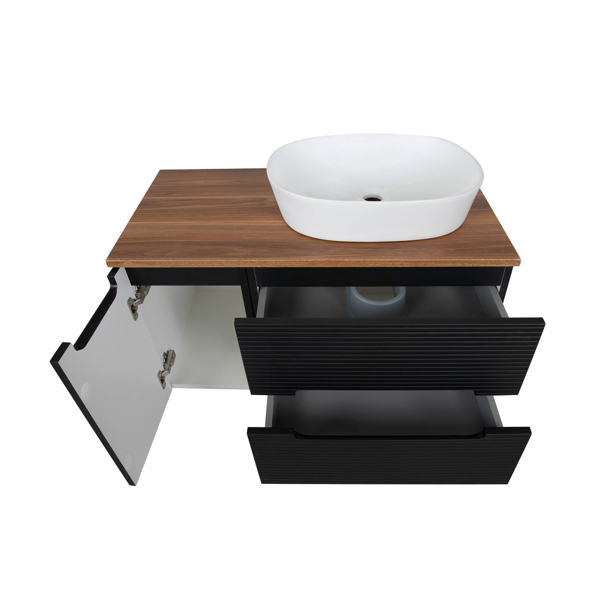 Monza Plus 1200mm Fluted Wall Hung Double Vanity with Countertop - Matte Black/Grey Marble