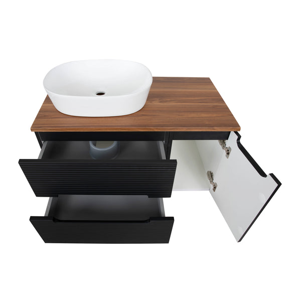 Monza Plus 1200mm Fluted Wall Hung Double Vanity w. Counter Top - Matte Black/Grey Marble