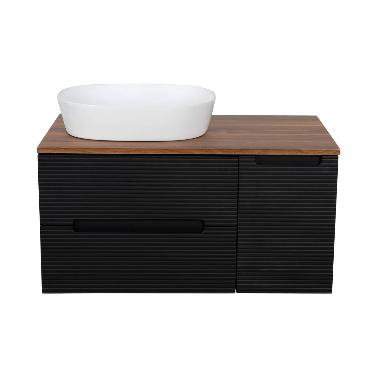 Monza Plus 900mm Fluted Wall Hung Vanity & Countertop - Matte Black/Cali Walnut