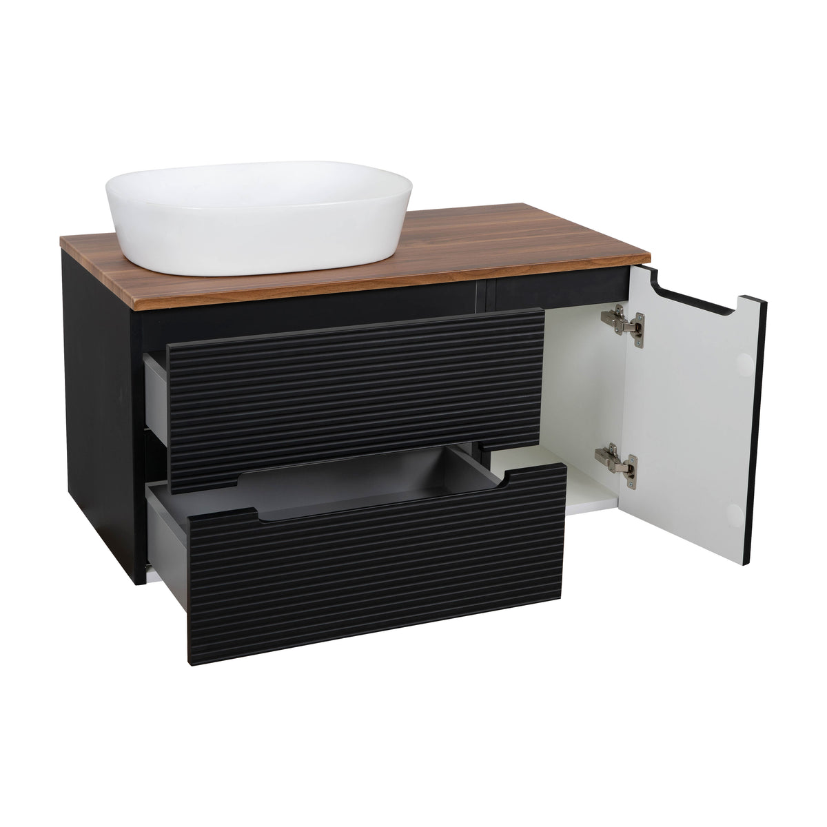 Monza Plus 1200mm Fluted Wall Hung Double Vanity with Countertop - Matte Black/Grey Marble
