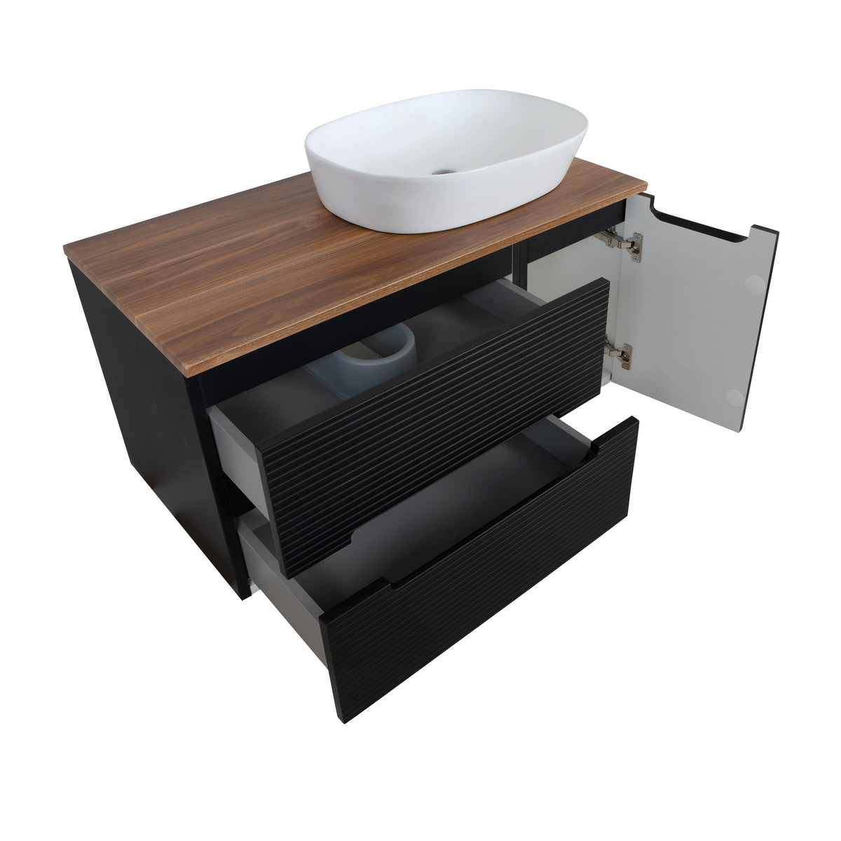 Monza Plus 1200mm Fluted Wall Hung Double Vanity with Countertop - Matte Black/Grey Marble