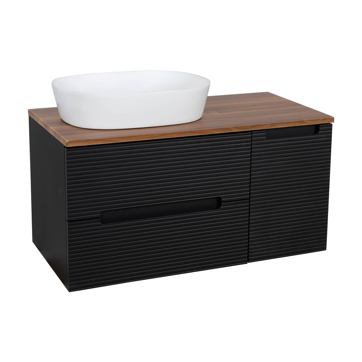 Monza Plus 900mm Fluted Wall Hung Vanity & Countertop - Matte Black/Cali Walnut