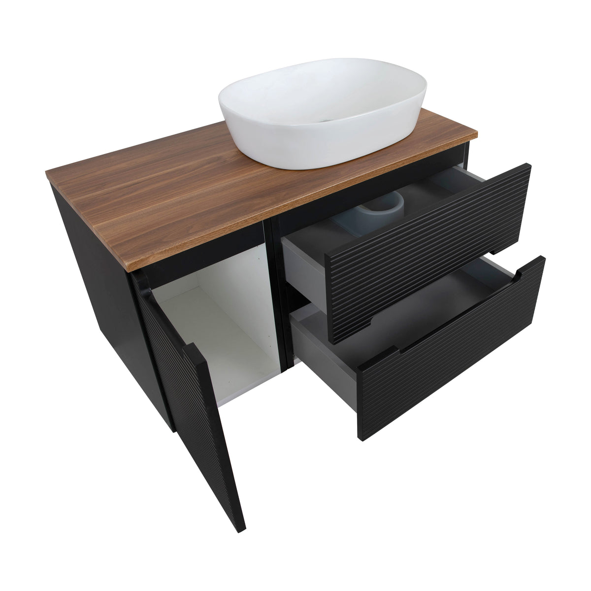 Monza Plus 1200mm Fluted Wall Hung Double Vanity with Countertop - Matte Black/Grey Marble