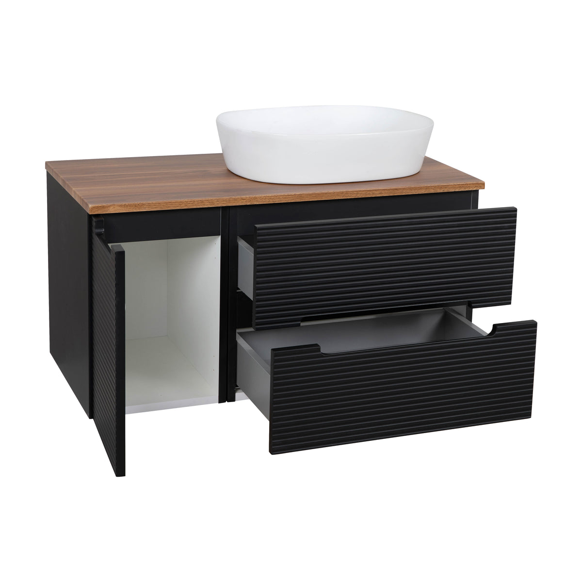 Monza Plus 900mm Fluted Wall Hung Vanity & Countertop - Matte Black/Cali Walnut
