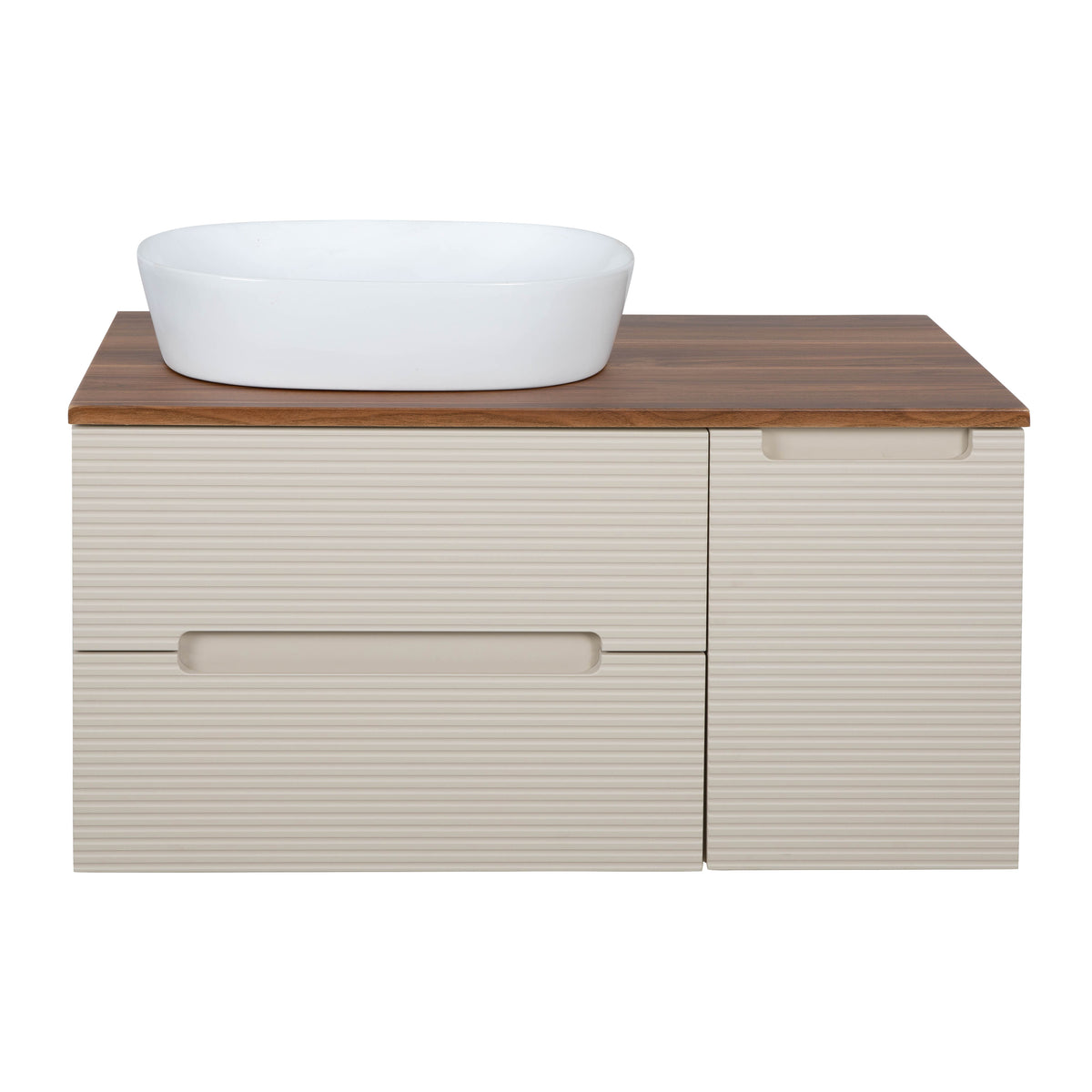 Monza Plus 900mm Fluted Wall Hung Vanity & Counter Top - Warm Oatmeal/Cali Walnut