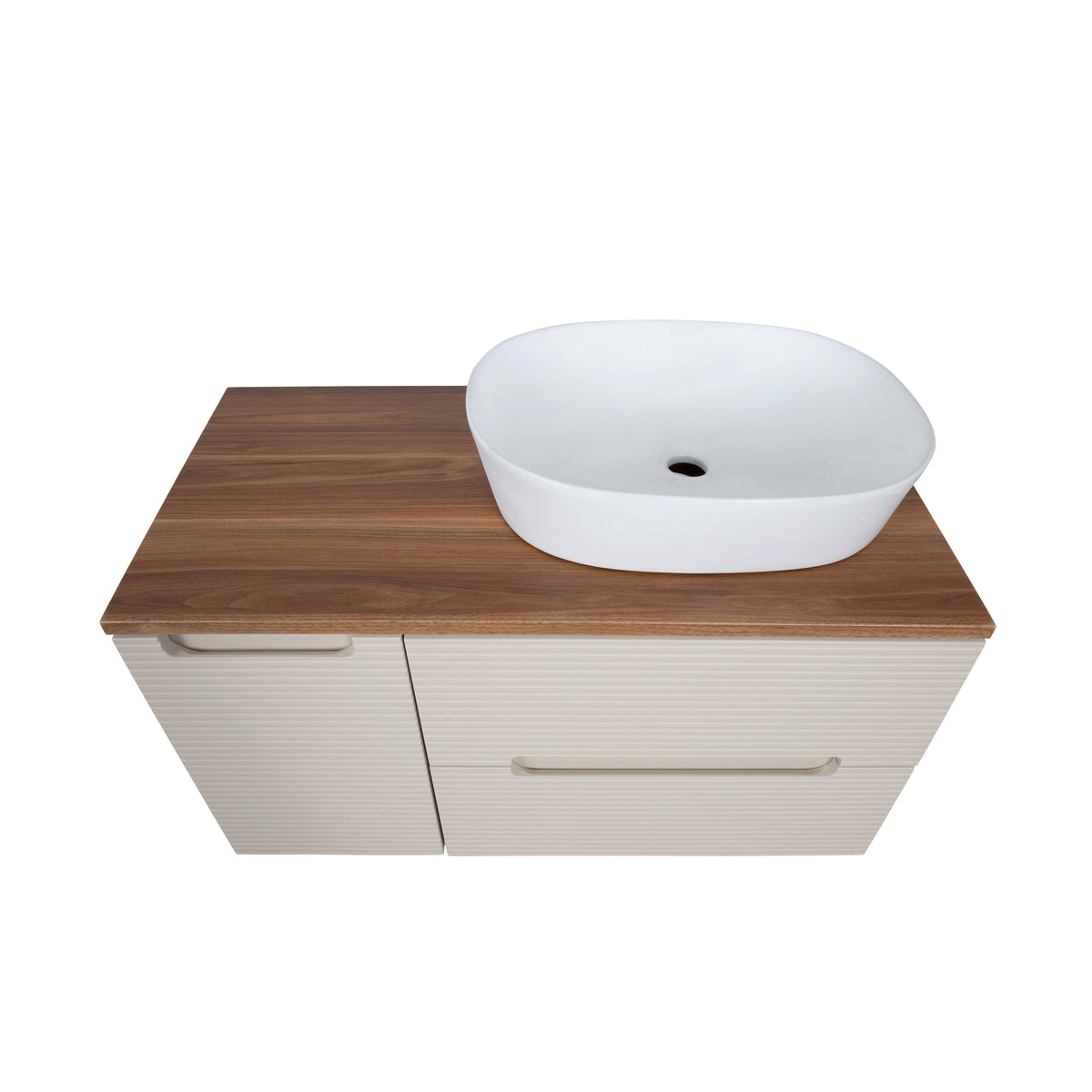 Monza Plus 900mm Fluted Wall Hung Vanity & Countertop - Warm Oatmeal/Cali Walnut
