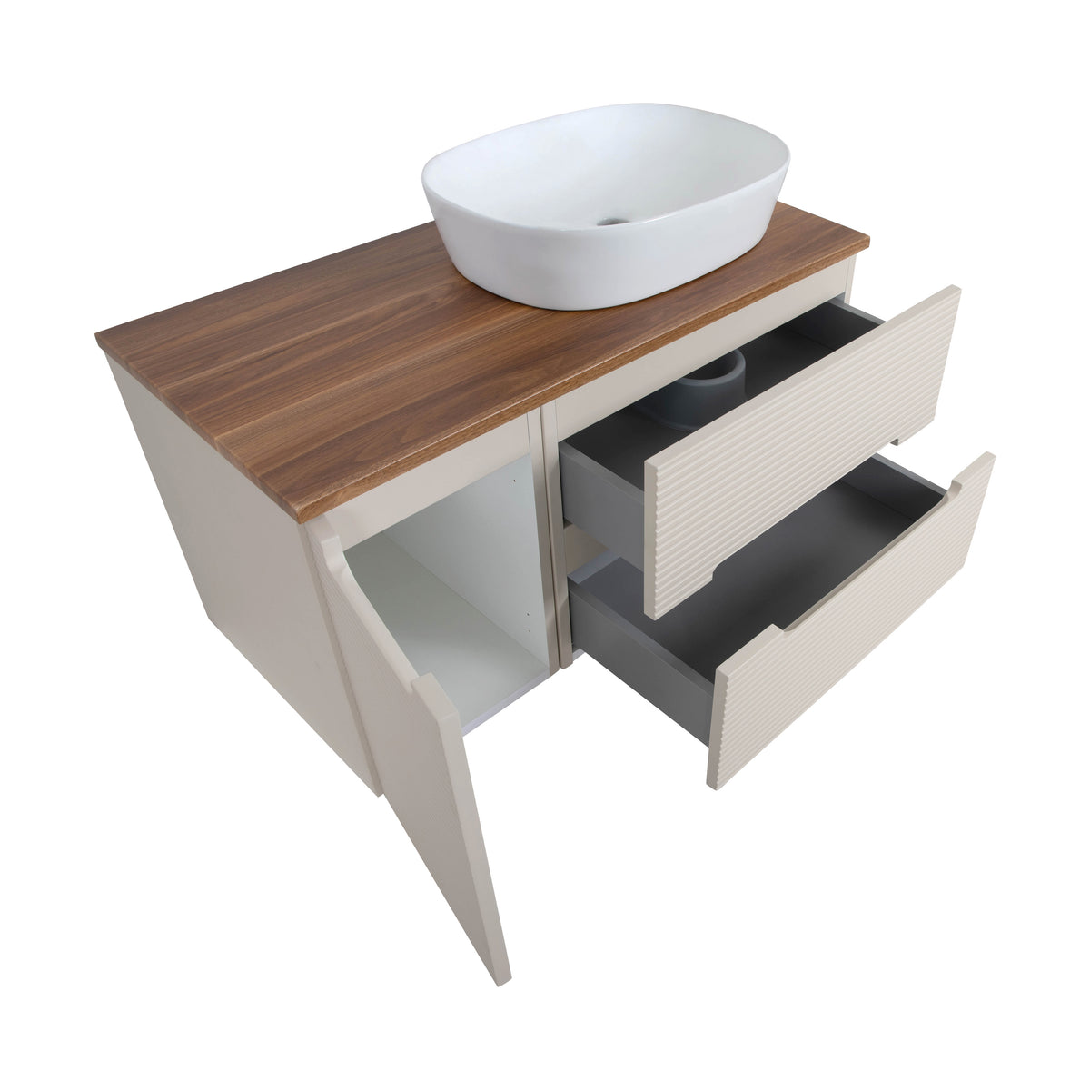 Monza Plus 900mm Fluted Wall Hung Vanity & Countertop - Warm Oatmeal/Cali Walnut