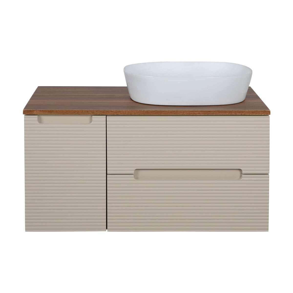 Monza Plus 900mm Fluted Wall Hung Vanity & Countertop - Warm Oatmeal/Cali Walnut