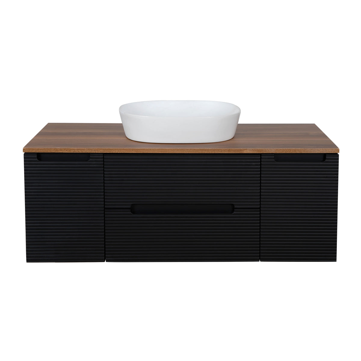 Monza Plus 1200mm Fluted Wall Hung Vanity with 2 Side Cabinets & Countertop - Matte Black/Cali Walnut