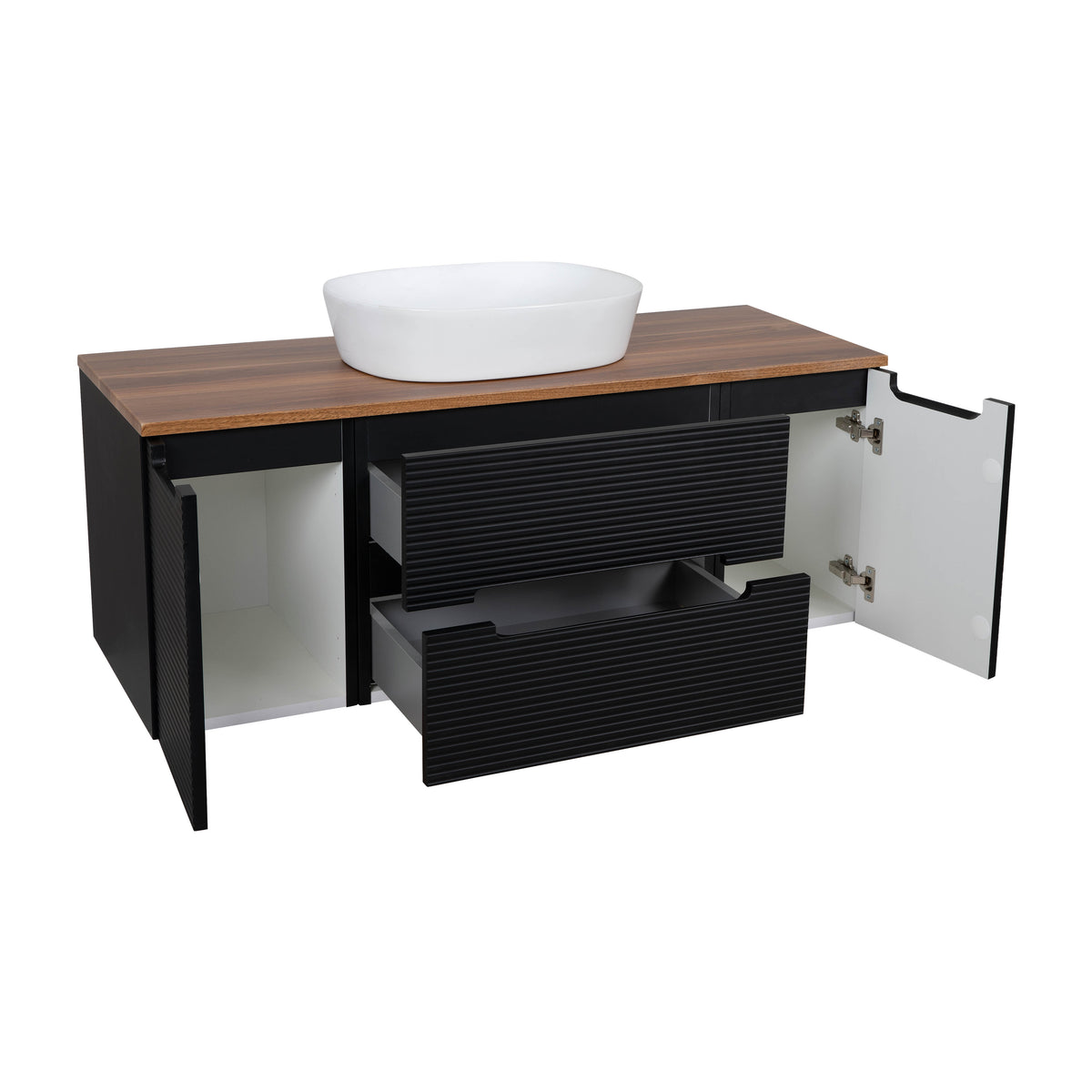 Monza Plus 900mm Fluted Wall Hung Vanity & Countertop - Matte Black/Grey Marble