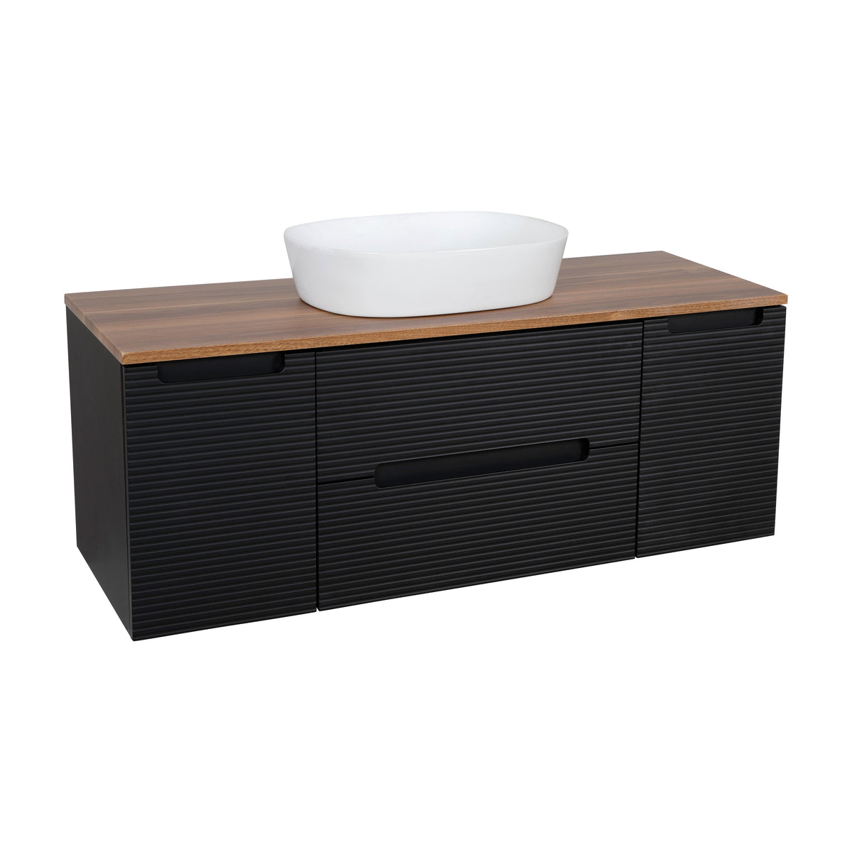 Monza Plus 900mm Fluted Wall Hung Vanity & Countertop - Matte Black/Grey Marble