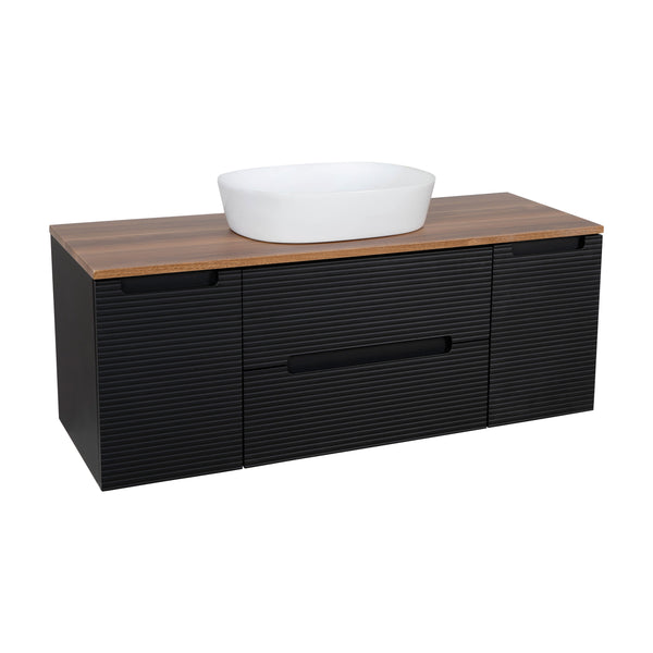 Monza Plus 1200mm Fluted Wall Hung Vanity w. 2 Side Cabinets & Counter Top - Matte Black/Cali Walnut