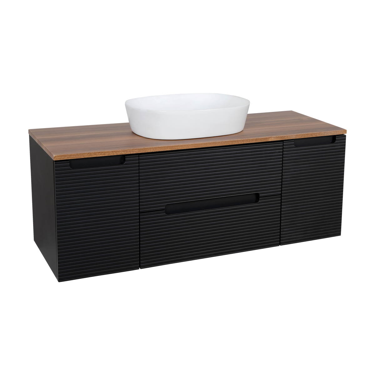 Monza Plus 1200mm Fluted Wall Hung Vanity with 2 Side Cabinets & Countertop - Matte Black/Cali Walnut