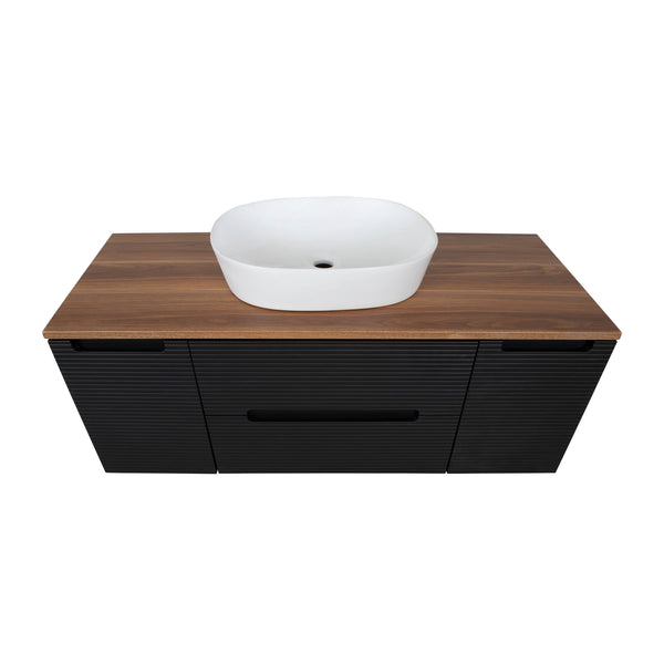 Monza Plus 900mm Fluted Wall Hung Vanity & Counter Top - Matte Black/Grey Marble