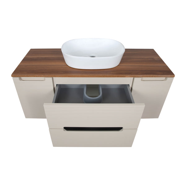 Monza Plus 1200mm Fluted Wall Hung Vanity w. 2 Side Cabinets & Counter Top - Warm Oatmeal/Cali Walnut