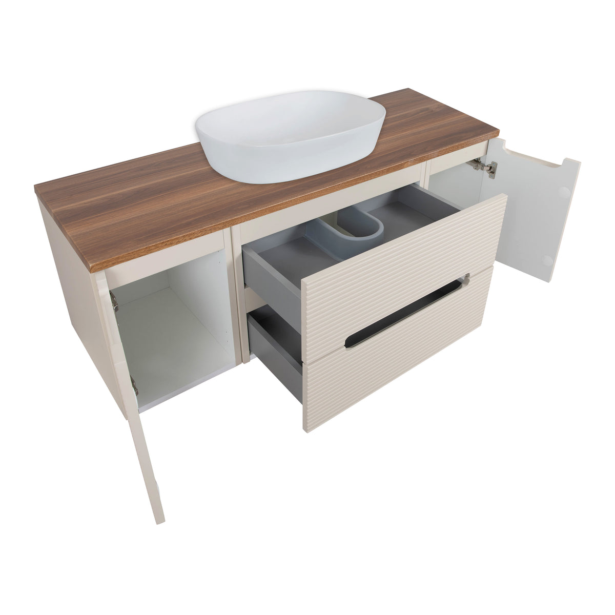 Monza Plus 1200mm Fluted Wall Hung Vanity with 2 Side Cabinets & Countertop - Warm Oatmeal/Cali Walnut