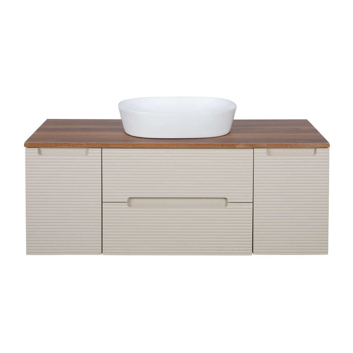 Monza Plus 1200mm Fluted Wall Hung Vanity with 2 Side Cabinets & Countertop - Warm Oatmeal/Cali Walnut