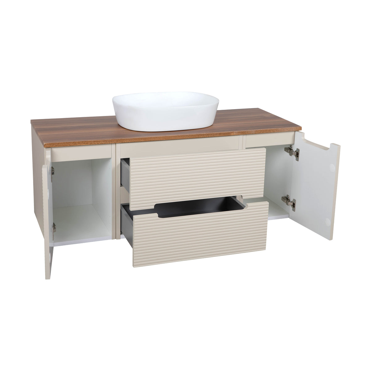 Monza Plus 1200mm Fluted Wall Hung Vanity with 2 Side Cabinets & Countertop - Warm Oatmeal/Cali Walnut