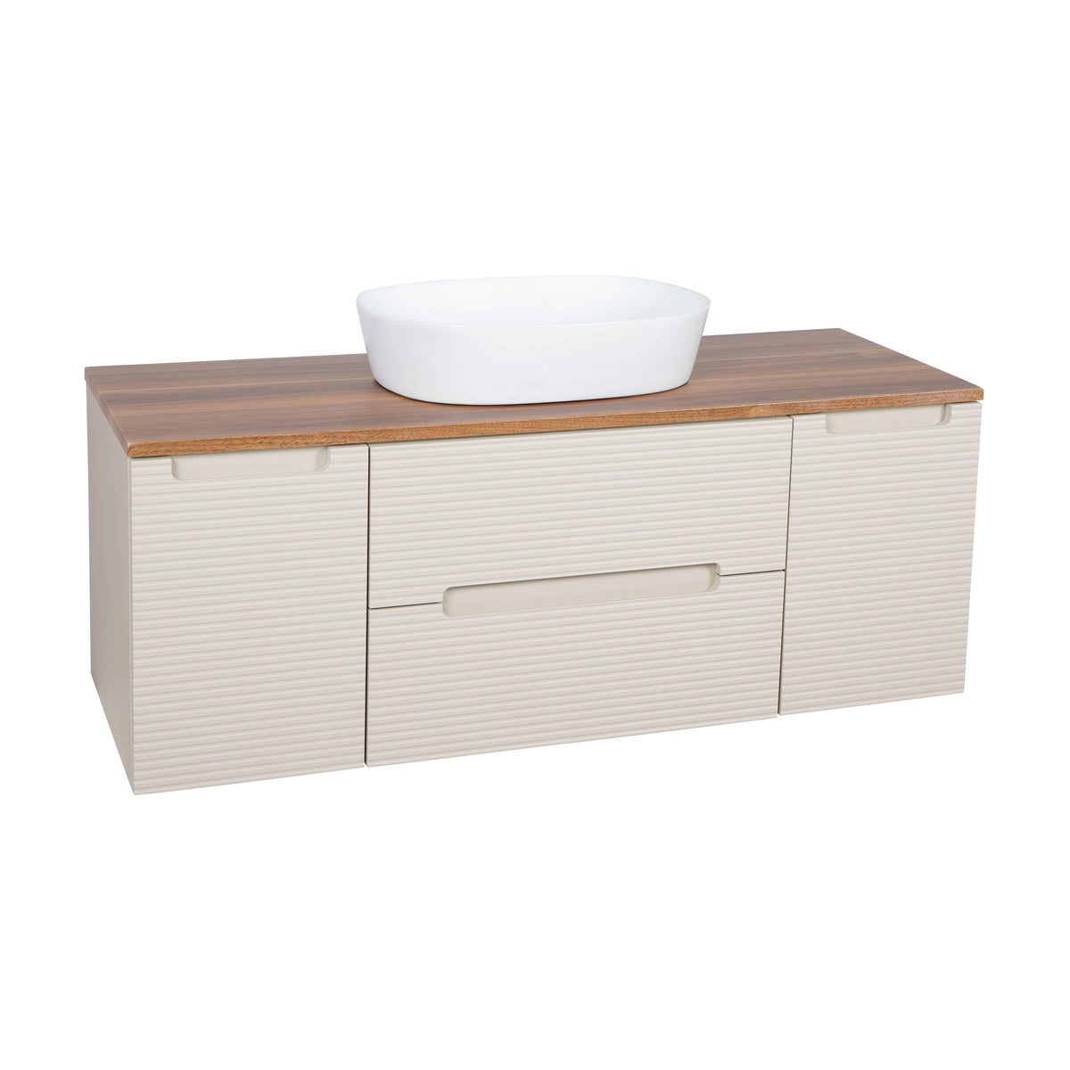 Monza Plus 1200mm Fluted Wall Hung Vanity with 2 Side Cabinets & Countertop - Warm Oatmeal/Cali Walnut
