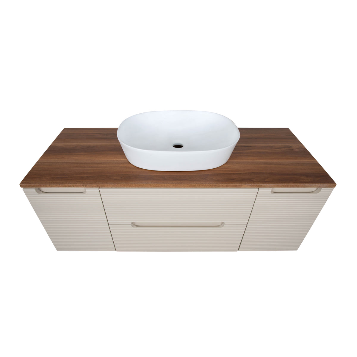 Monza Plus 1200mm Fluted Wall Hung Vanity with 2 Side Cabinets & Countertop - Warm Oatmeal/Cali Walnut