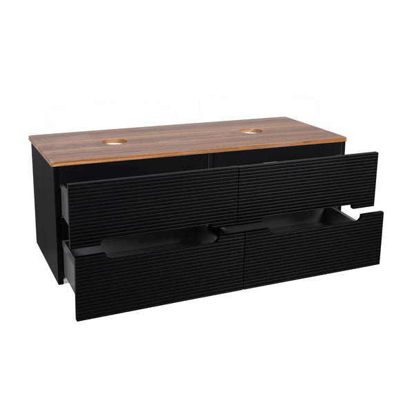Monza Plus 1200mm Fluted Wall Hung Double Vanity w. Counter Top - Matte Black/Cali Walnut