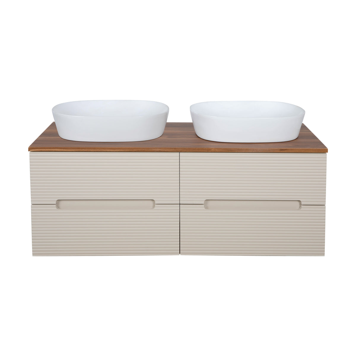 Monza Plus 1200mm Fluted Wall Hung Double Vanity with Countertop - Warm Oatmeal/Cali Walnut