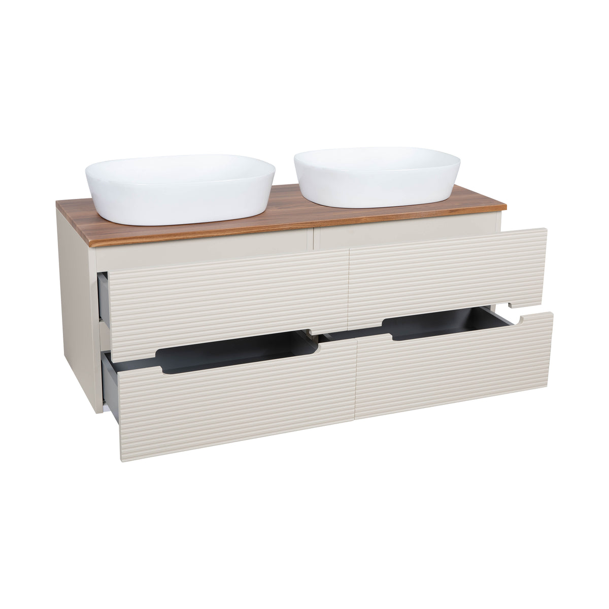Monza Plus 1200mm Fluted Wall Hung Double Vanity with Countertop - Warm Oatmeal/Cali Walnut