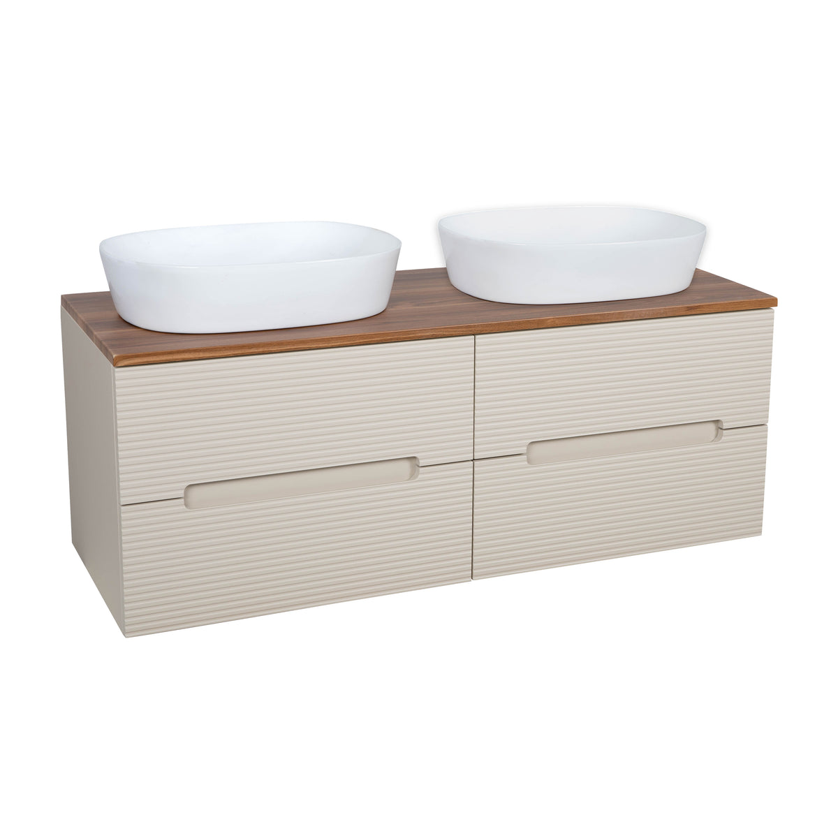 Monza Plus 1200mm Fluted Wall Hung Double Vanity with Countertop - Warm Oatmeal/Cali Walnut