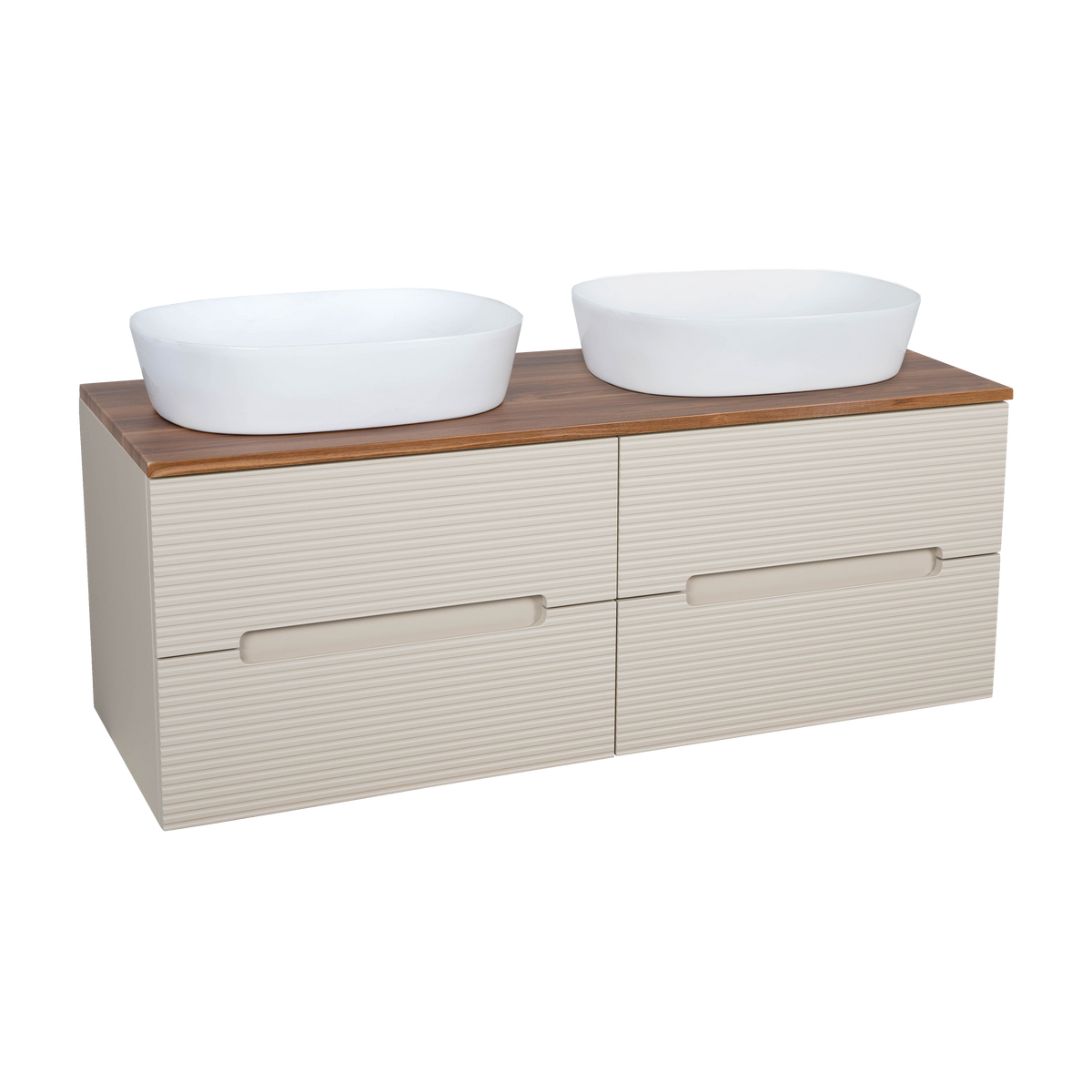 Monza Plus 1200mm Fluted Wall Hung Double Vanity with Countertop - Warm Oatmeal/Cali Walnut