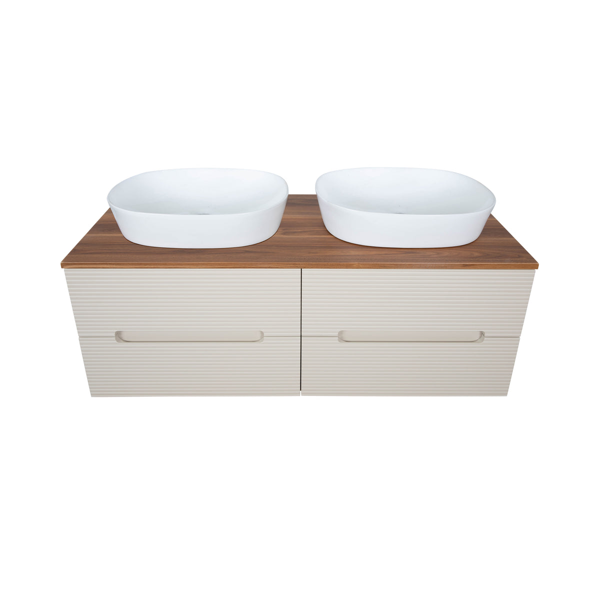 Monza Plus 1200mm Fluted Wall Hung Double Vanity with Countertop - Warm Oatmeal/Cali Walnut