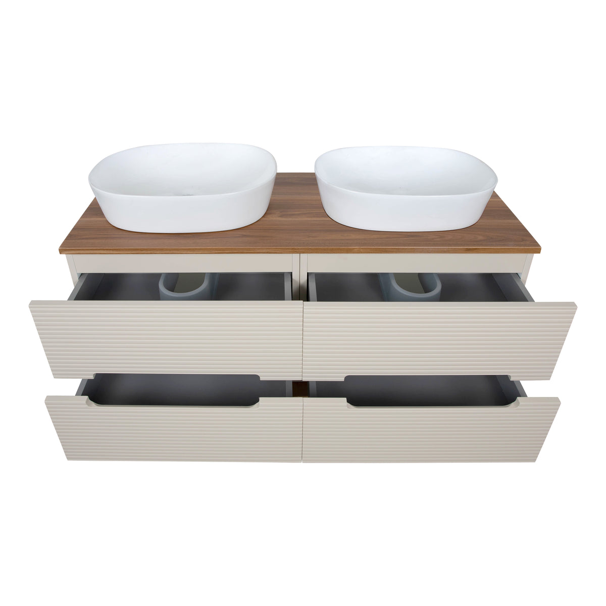 Monza Plus 1200mm Fluted Wall Hung Double Vanity with Countertop - Warm Oatmeal/Cali Walnut