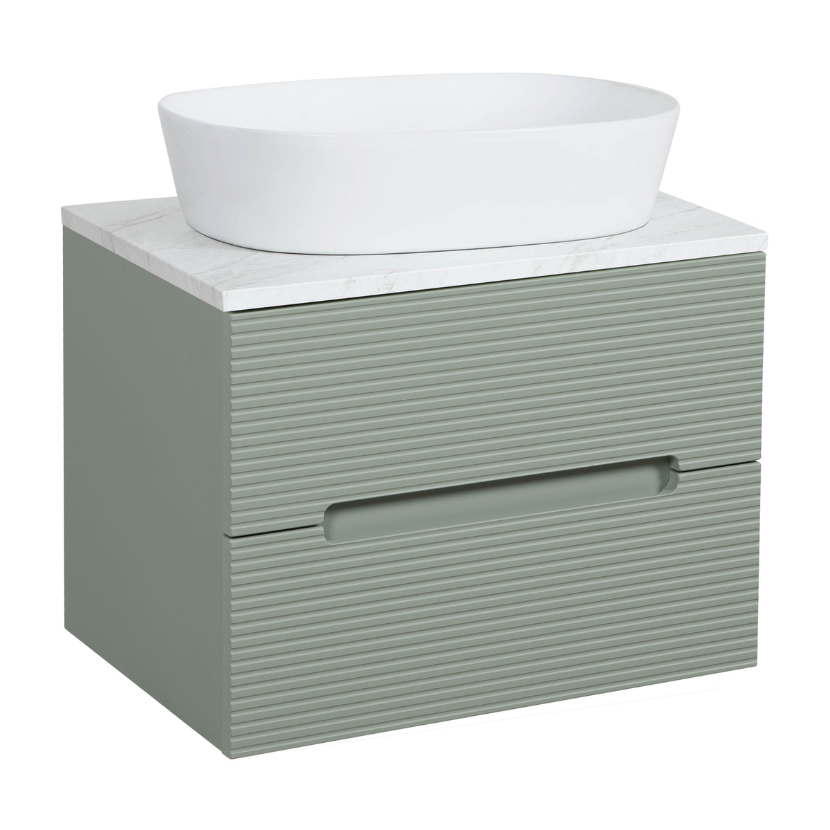 Monza Plus 600mm Fluted Wall Hung Vanity & Countertop - Aloe Green/Grey Marble
