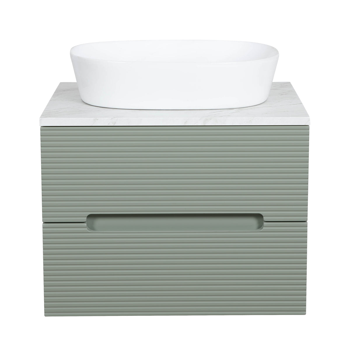 Monza Plus 600mm Fluted Wall Hung Vanity & Countertop - Aloe Green/Grey Marble